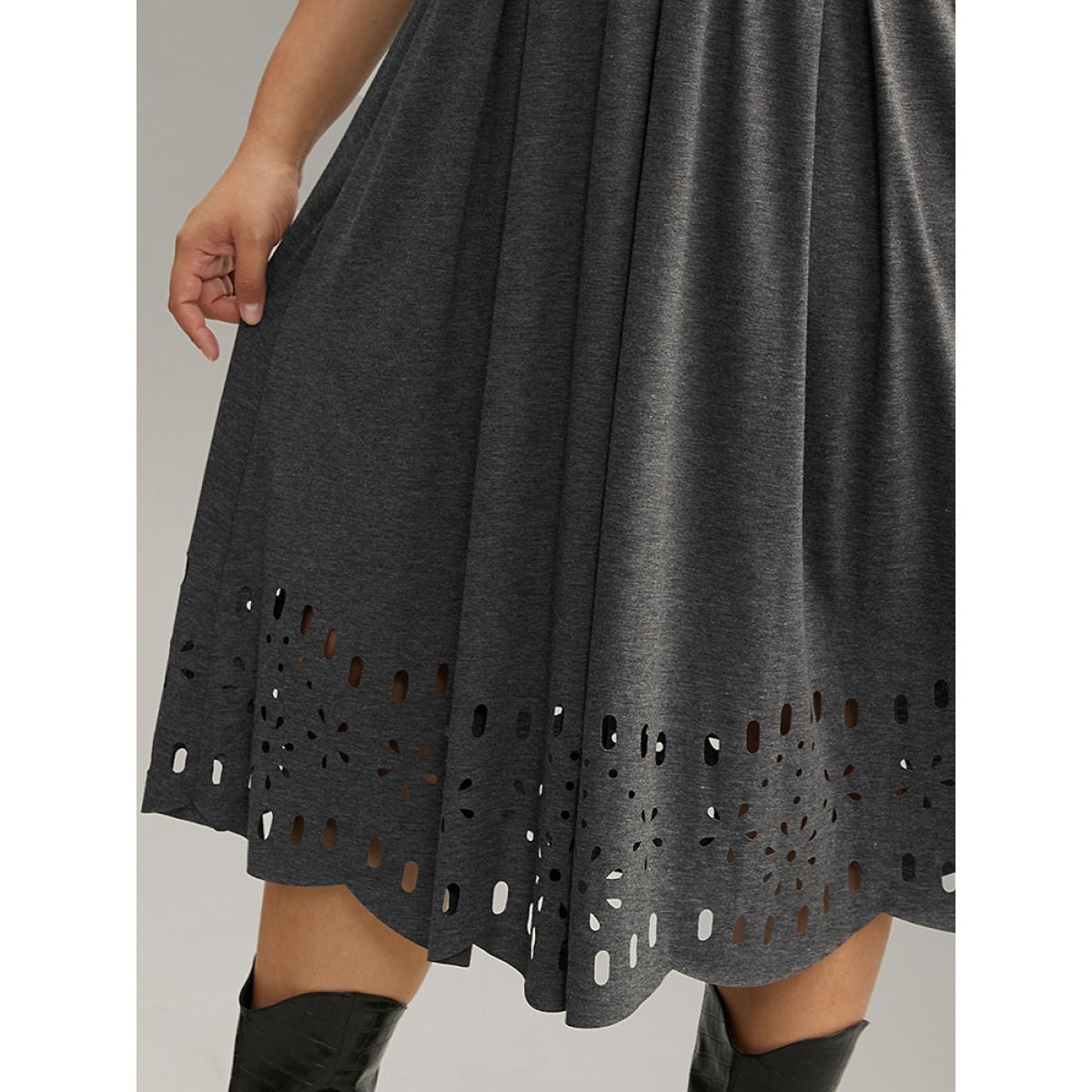 Plus Size Plain Elastic Waist Laser Cut Crew Neck Dress Gray Women Casual Plain Round Neck Elbow-length sleeve Curvy Midi Dress BloomChic 22-24/3X Product Image