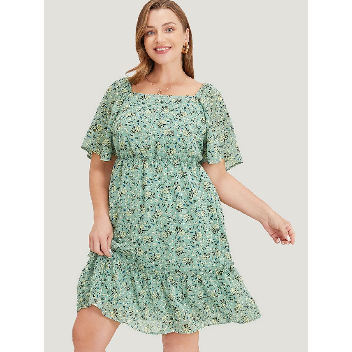 Plus Size Ditsy Floral Square Neck Frill Trim Pocket Ruffle Hem Dress Mint Women Elegant Lined Square Neck Short sleeve Curvy Short Dress BloomChic 28/5X Product Image