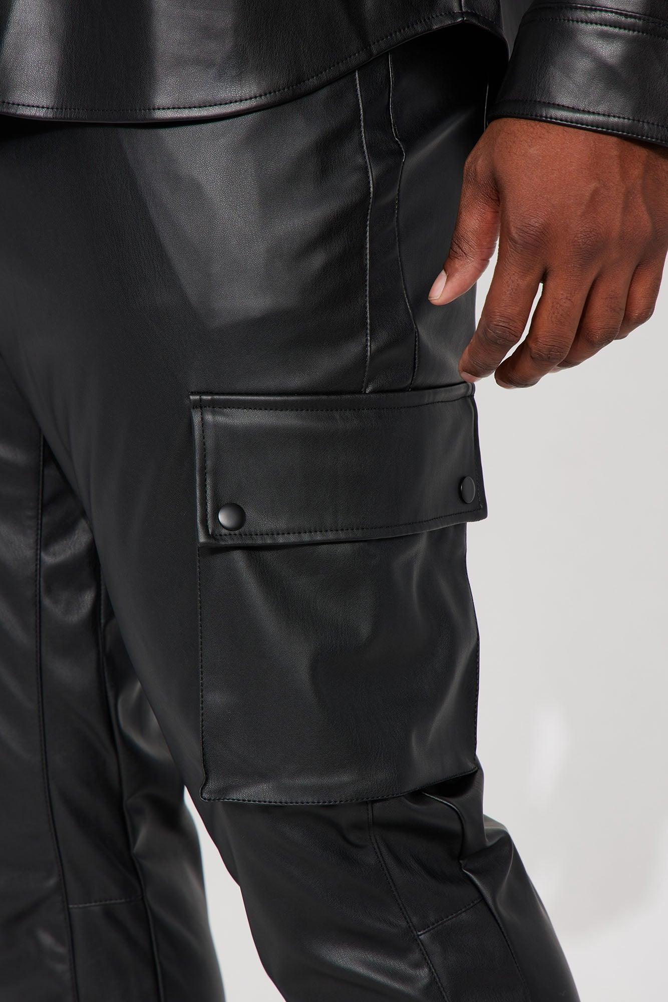 Finest Faux Leather Cargo Slim Flare Pants - Black Product Image