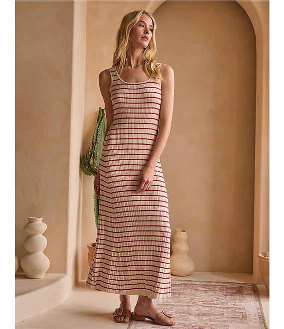 Skies Are Blue Striped Rib Knit Square Neck Sleeves Sheath Maxi Dress Product Image