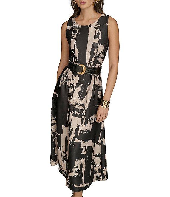 Donna Karan Abstract Print Crew Neck Sleeveless Belted Scuba A-Line Midi Dress Product Image