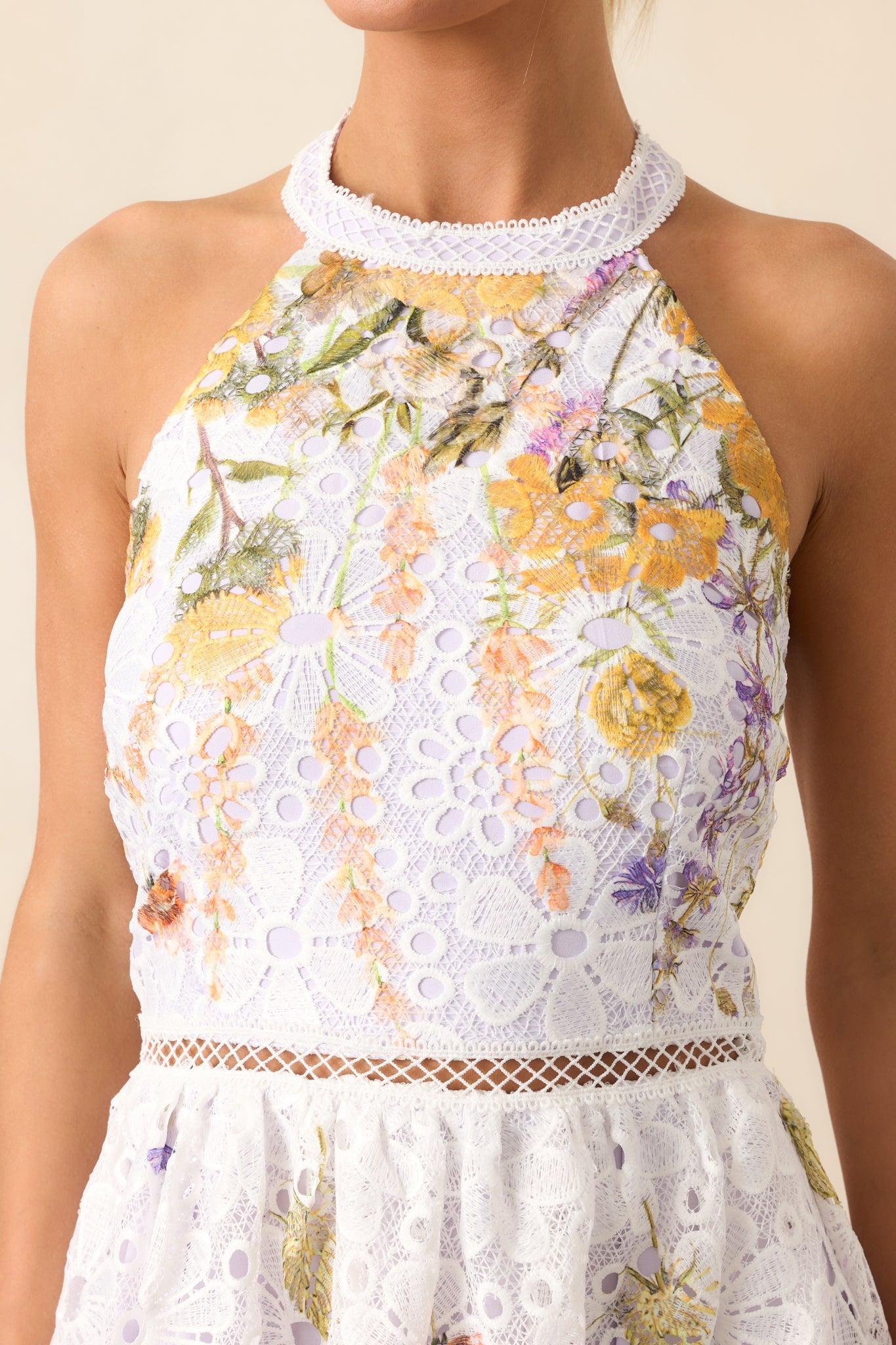 Twirl Me Lavender Floral Embroidered Halter Midi Dress Product Image