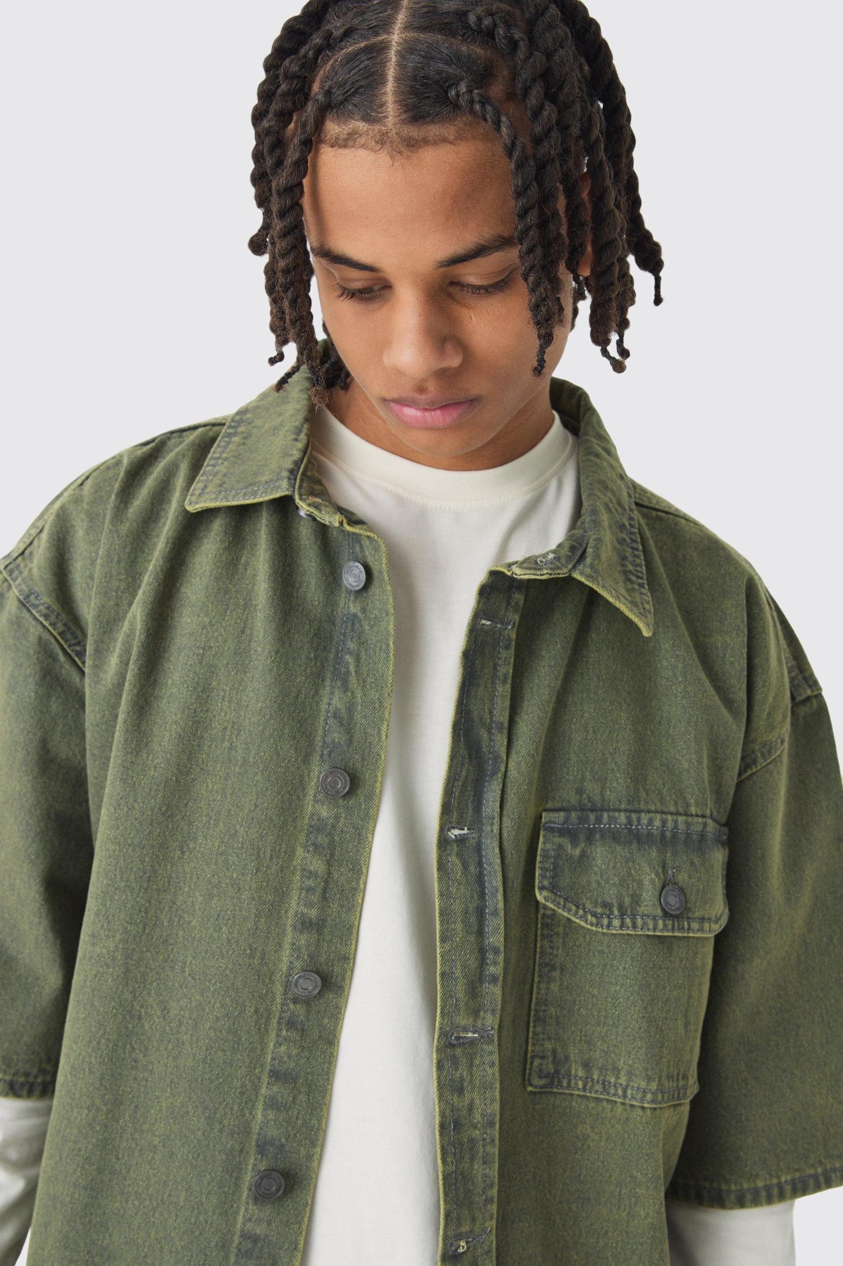 Oversized Boxy 3/4 Sleeve Denim Overshirt | boohooMAN USA Product Image