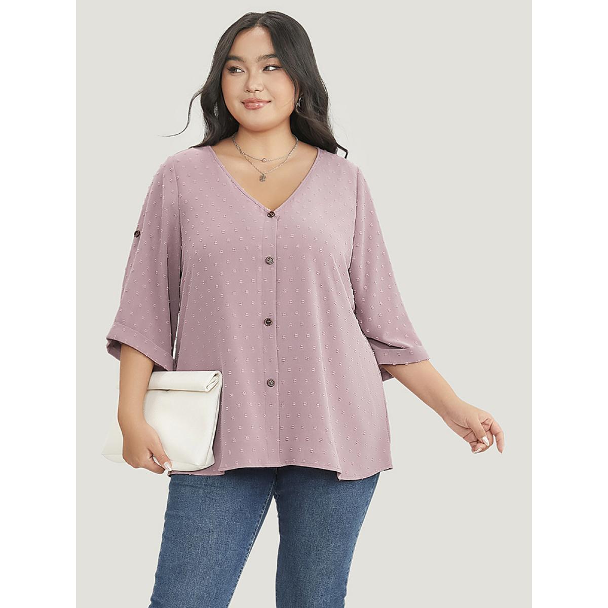 Plus Size Mauve Polka Dot V Neck Button Detail Cuffed Sleeve Blouse Women Office Elbow-length sleeve V-neck Office Blouses BloomChic 28/5X Product Image
