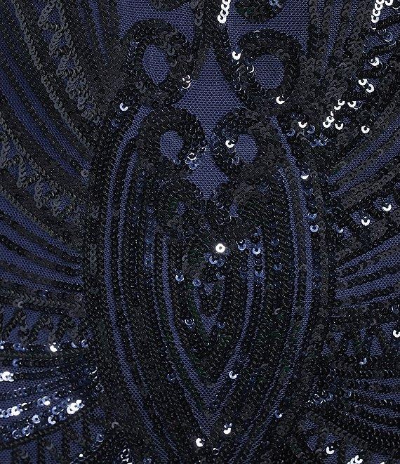 B. Darlin Sequin Sheer/Nude Pattern V-Neck Spaghetti Strap Lace Up Back Dress Product Image