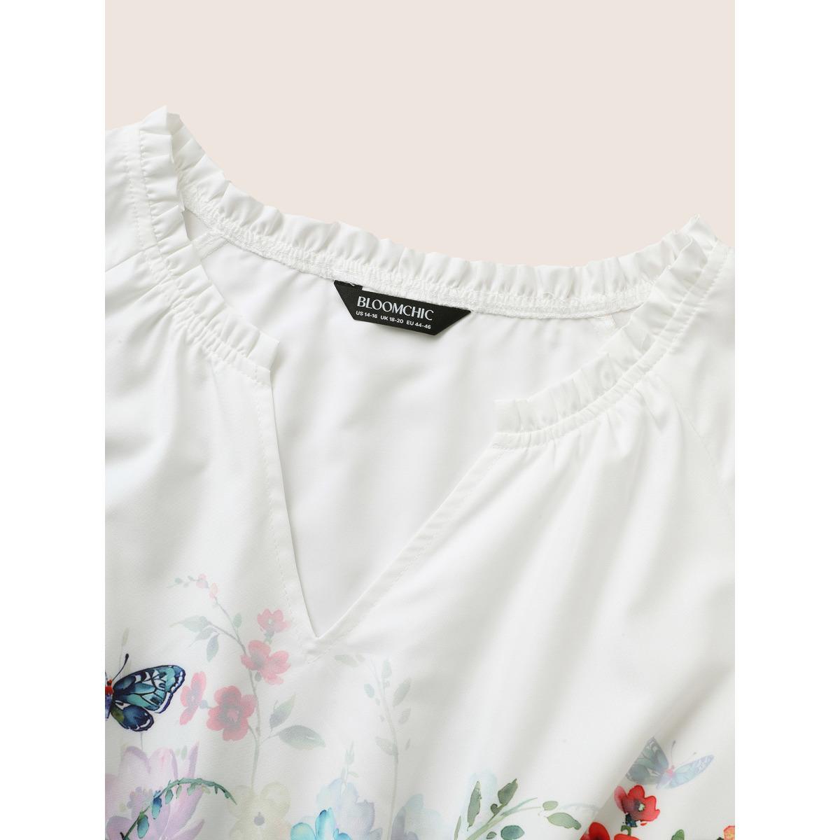 Plus Size Multicolor Floral Flat Collar With V Notch Frill Trim Blouse Women Timeless Short sleeve Flat collar with V-notch Elegant Blouses BloomChic 22-24/3X Product Image