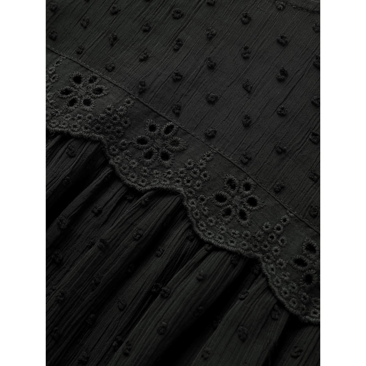 Plus Size Black Solid Texture Lace Trim See Through Gathered Blouse Women Elegant Short sleeve Round Neck Everyday Blouses BloomChic 12/L Product Image