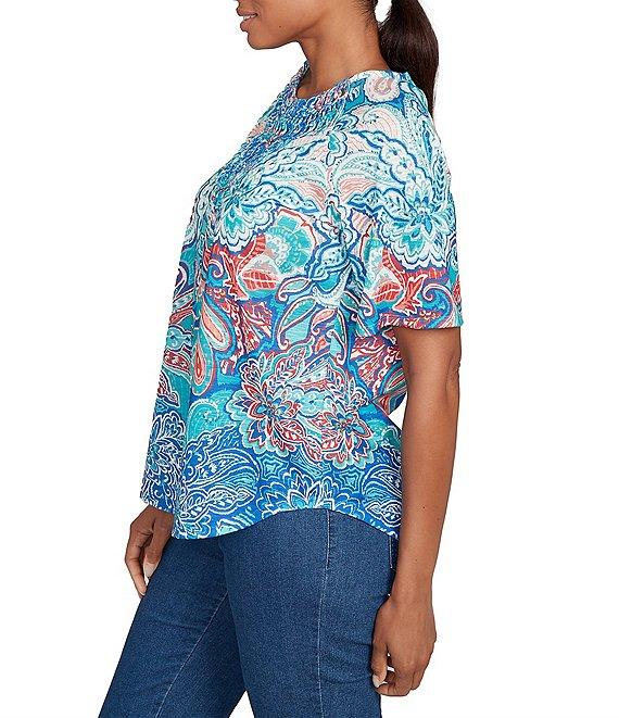 Ruby Rd. Slub Jersey Knit Paisley Border Print Scoop Neck Short Sleeve Tee Product Image