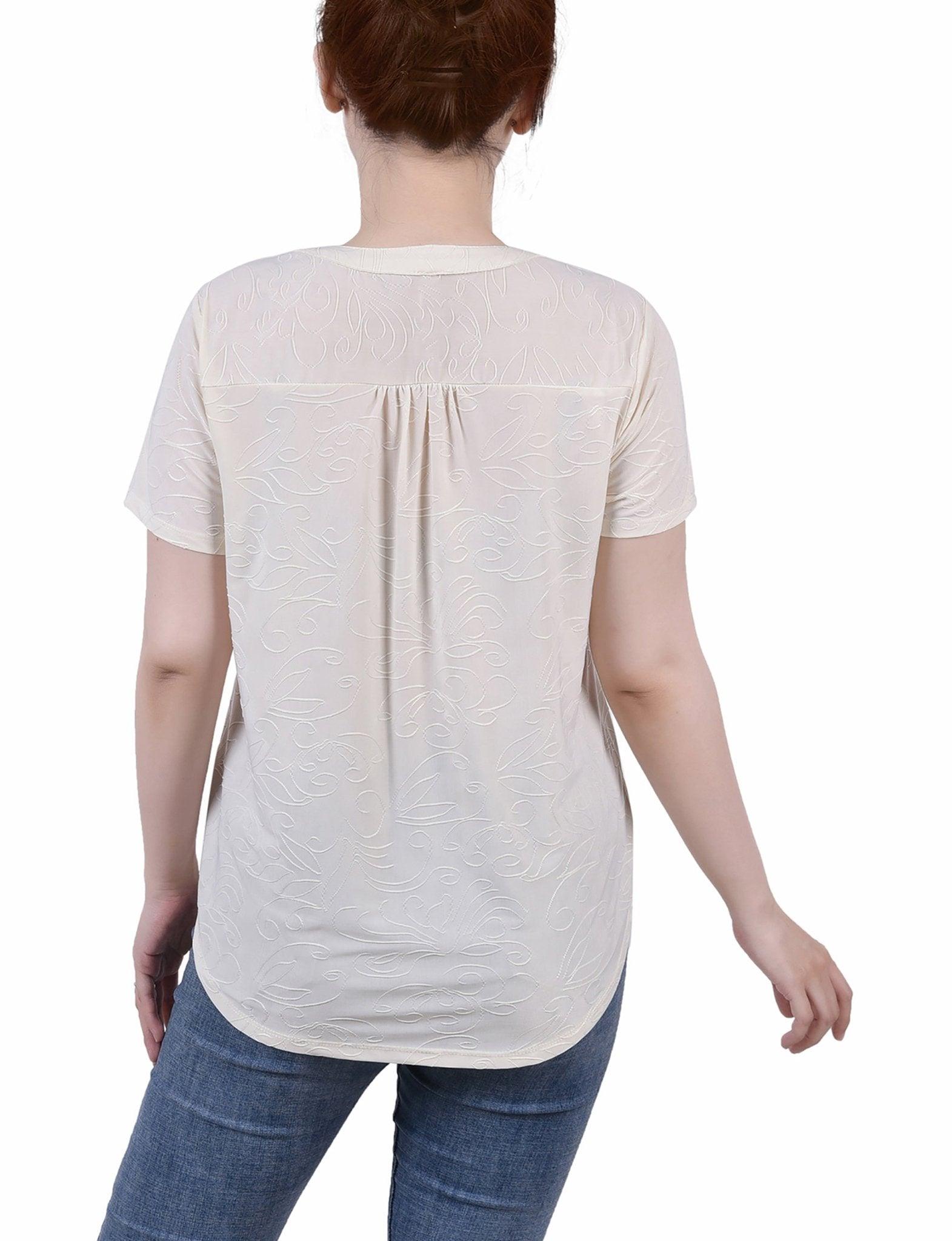 Pristine Short Sleeve Y Neck Jacquard Knit Top - Petite Product Image