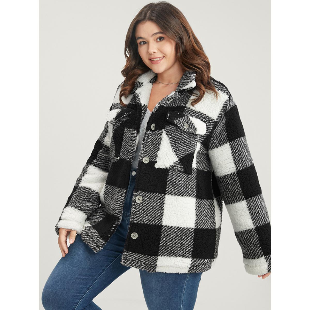 Plus Size Plaid Flap Pocket Button Front Coat Women Black Casual Button Ladies Dailywear Winter Coats BloomChic 30/6X Product Image