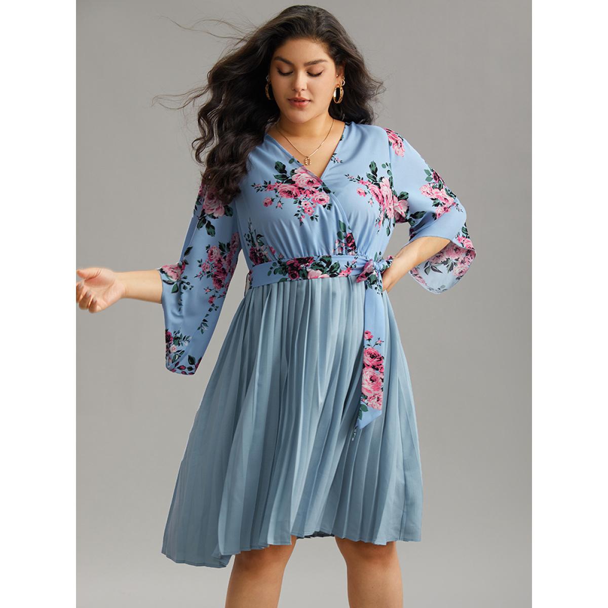 Plus Size Floral Print Bell Sleeve Belted Pleated Hem Dress LightBlue Women Elegant Wrap Overlap Collar Elbow-length sleeve Curvy Knee Dress BloomChic 18-20/2X Product Image
