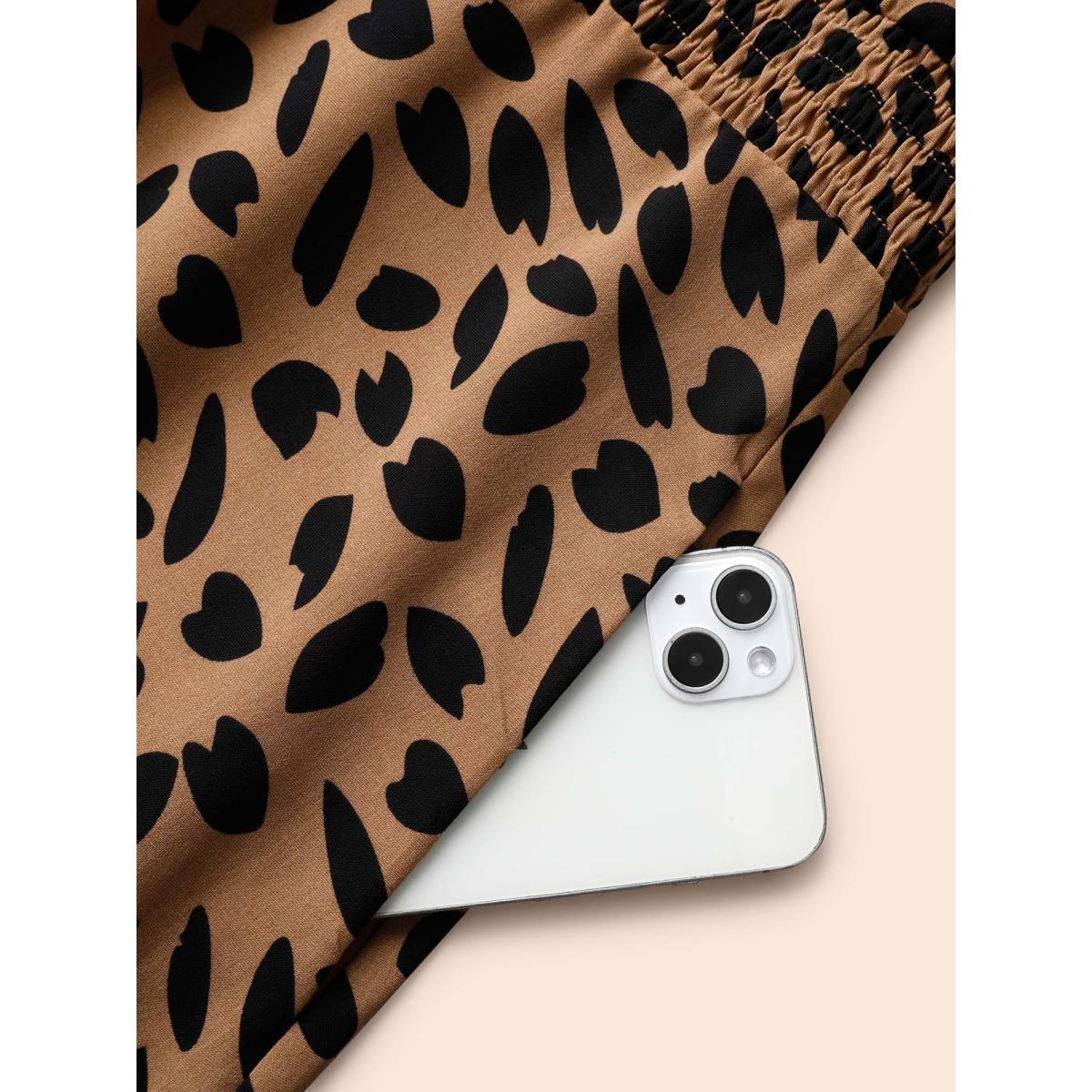 Plus Size Leopard Print Notched Shirred Tank Dress Tan Women At the Office Button Flat collar with V-notch Sleeveless Curvy BloomChic 28/5X Product Image