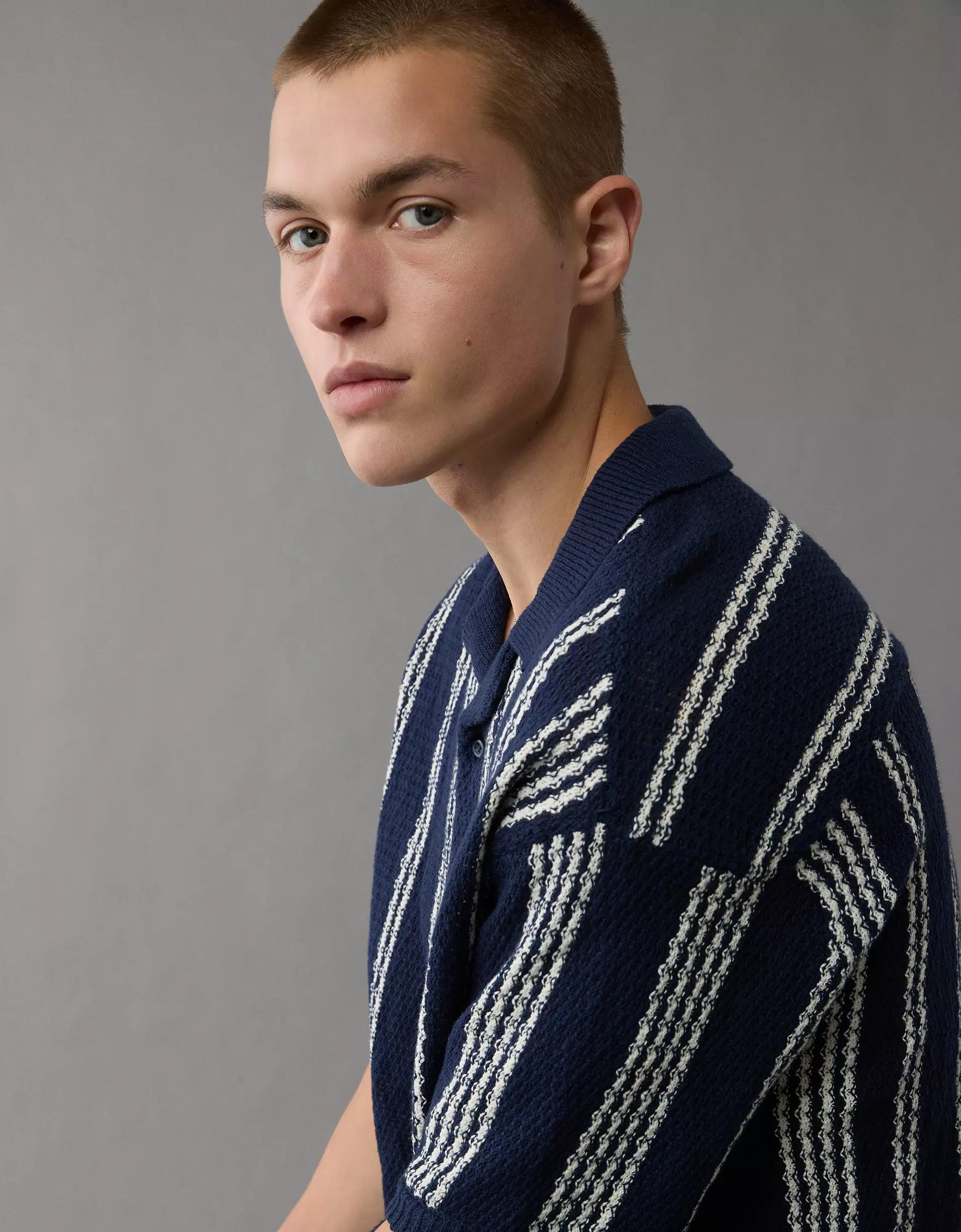 AE Weekend Striped Button-Up Sweater Polo Shirt Product Image