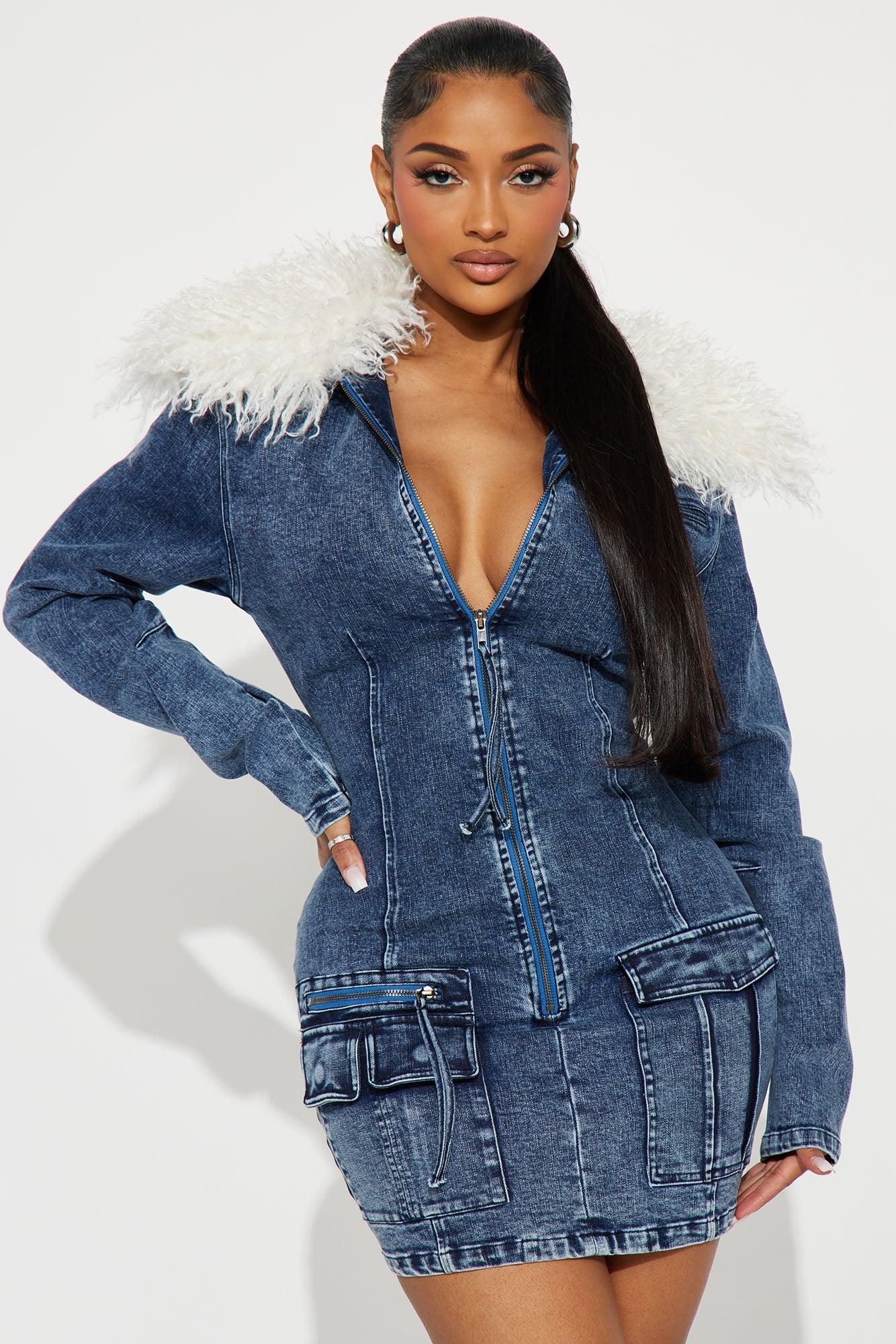 Out Of Pocket Stretch Denim Mini Dress - Medium Wash Product Image