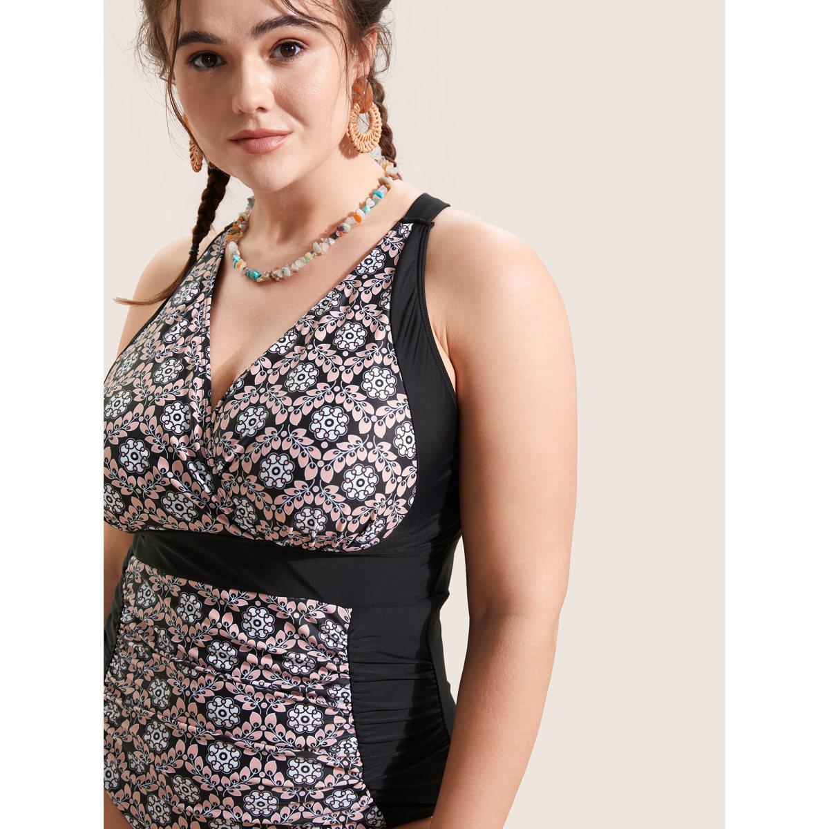 Plus Size Overlap Collar Boho Print Patchwork One Piece Swimsuit Women's Swimwear Black Beach Gathered Curve Bathing Suits High stretch One Pieces BloomChic 30/6X Product Image