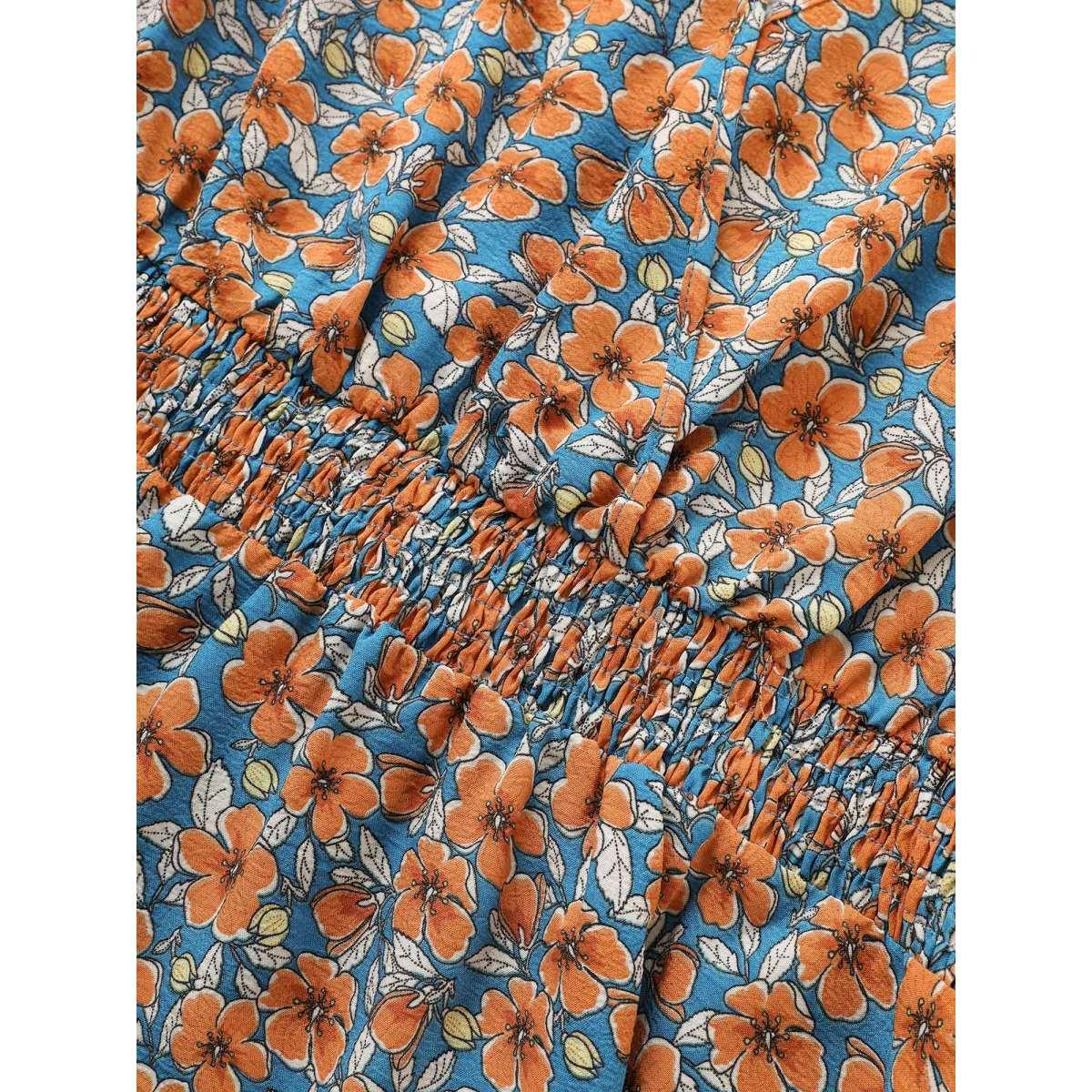 Plus Size Cerulean Floral Surplice Neck Shirred Lantern Sleeve Blouse Women Elegant Short sleeve Overlap Collar Everyday Blouses BloomChic 14-16/1X Product Image