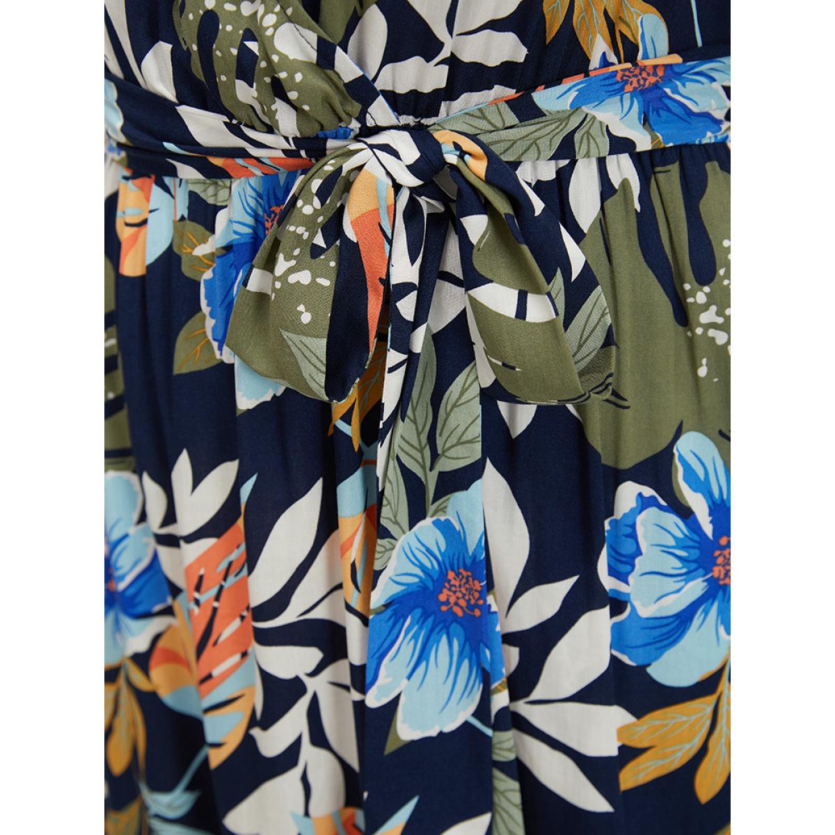 Plus Size Floral High Low Hem Pocket Ruffles Wrap Dress Indigo Women Elegant Wrap V-neck Short sleeve Curvy Midi Dress BloomChic 22-24/3X Product Image