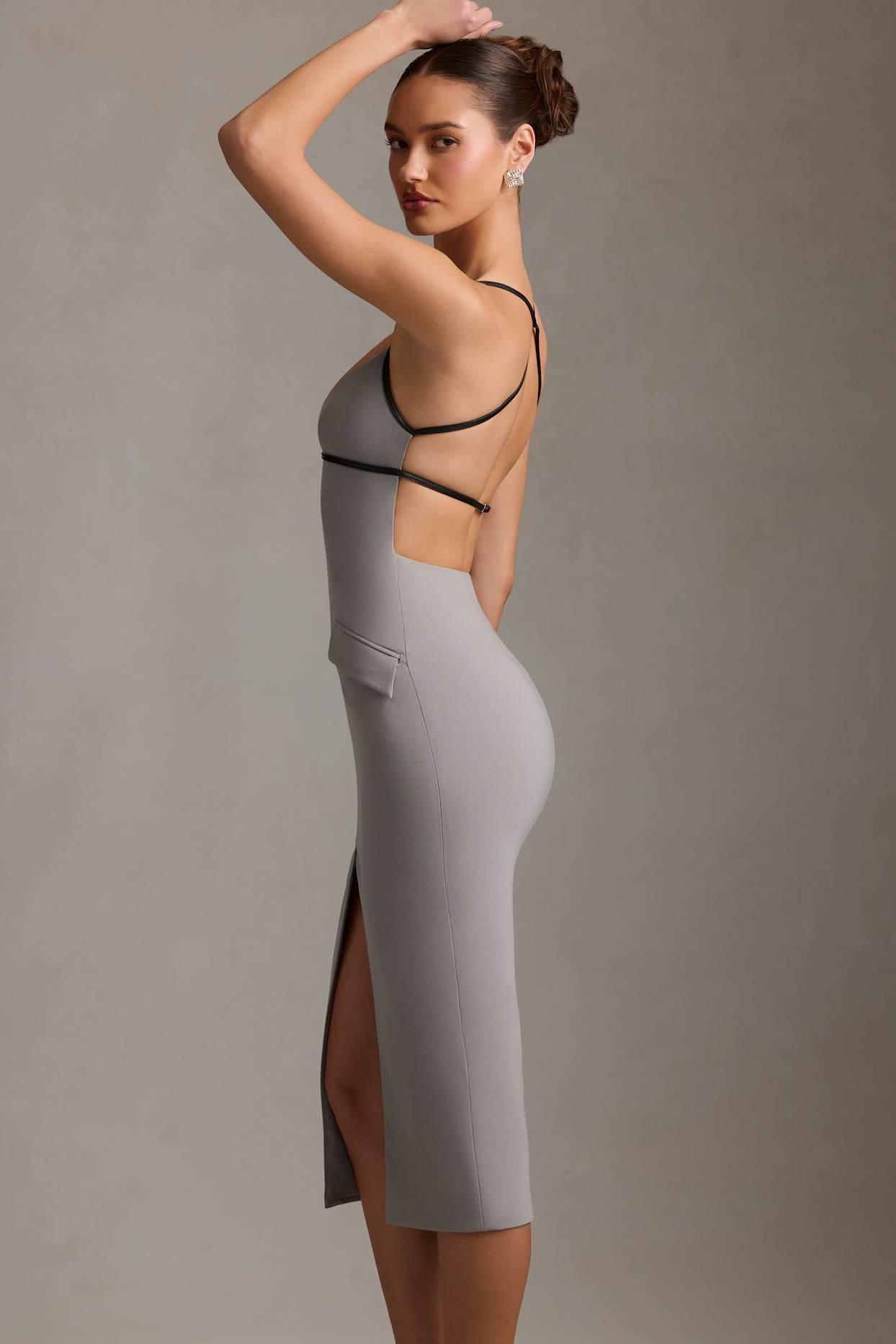Plunge-Neck Backless Midaxi Dress in Grey Product Image