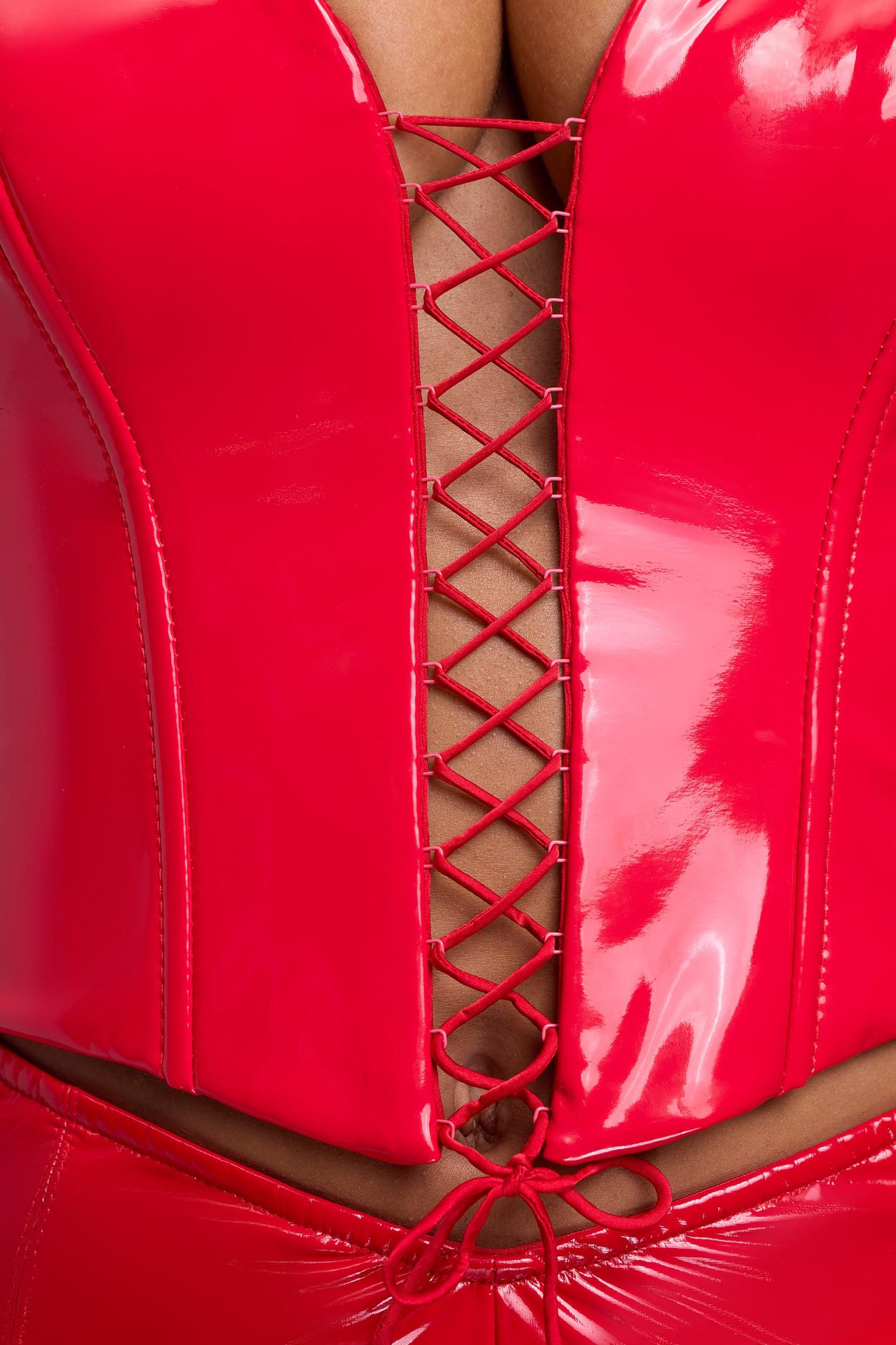 Vinyl Halter Neck Lace Up Corset Crop Top in Fire Red Product Image