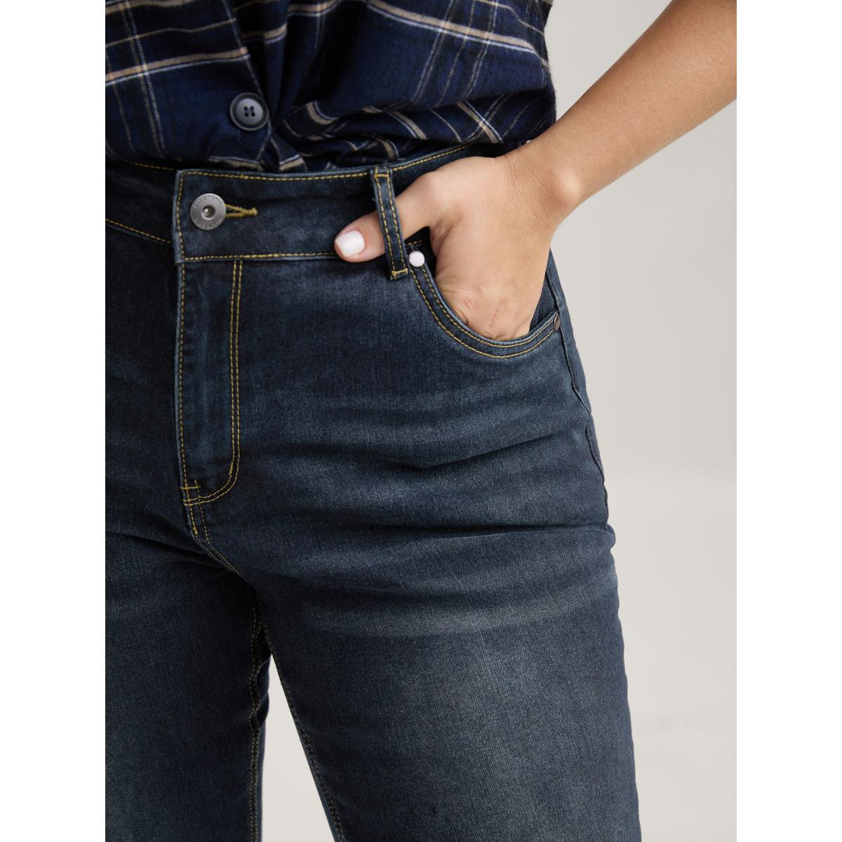 Plus Size Bootcut Very Stretchy Mid Rise Medium Wash Sculpt Waist Jeans Women Darkindigo Timeless Plain Non High stretch Slanted pocket Jeans BloomChic 26/4X Product Image