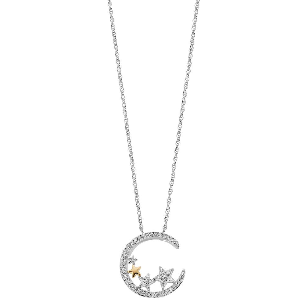 Two Tone Sterling Silver 1/3 Carat T.W. Diamond Moon & Star Pendant Necklace, Women's, Size: 18" Product Image