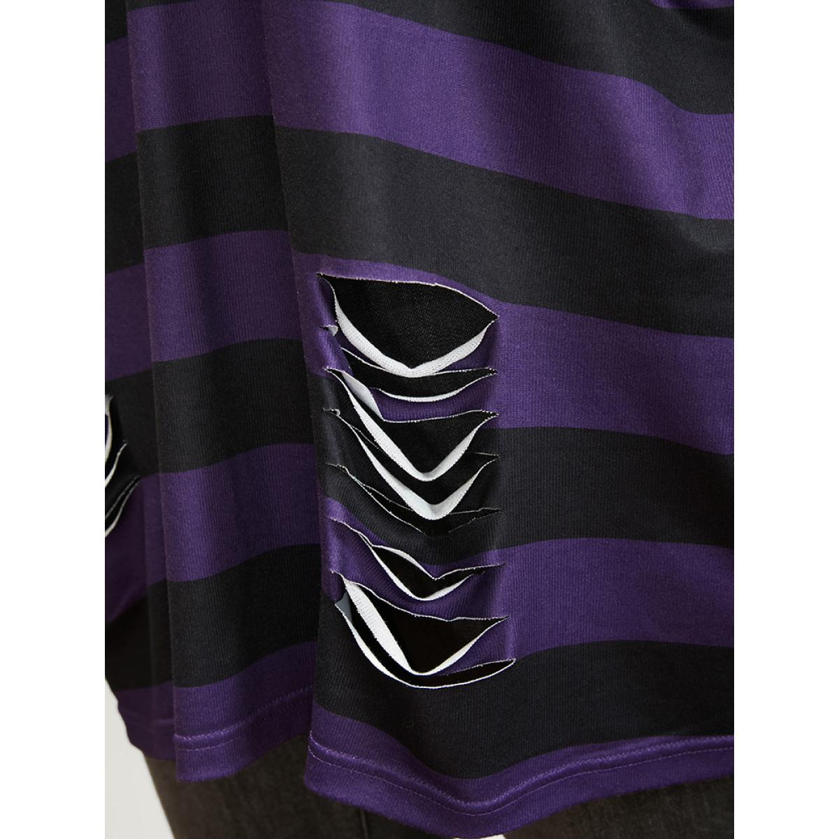Plus Size Halloween Striped V Neck Distressed Long Tee Purple Women Casual Cut-Out Striped V-neck Festival-Halloween T-shirts BloomChic 14-16/1X Product Image