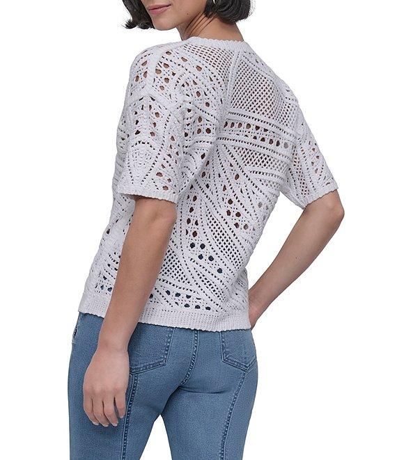 DKNY By Donna Karan Cotton Crochet Crew Neck Short Sleeve Top Product Image