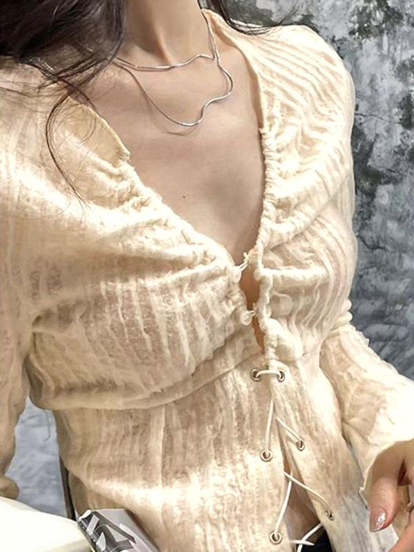 Ruched Lace Up V Neck Long Sleeve Blouse Product Image