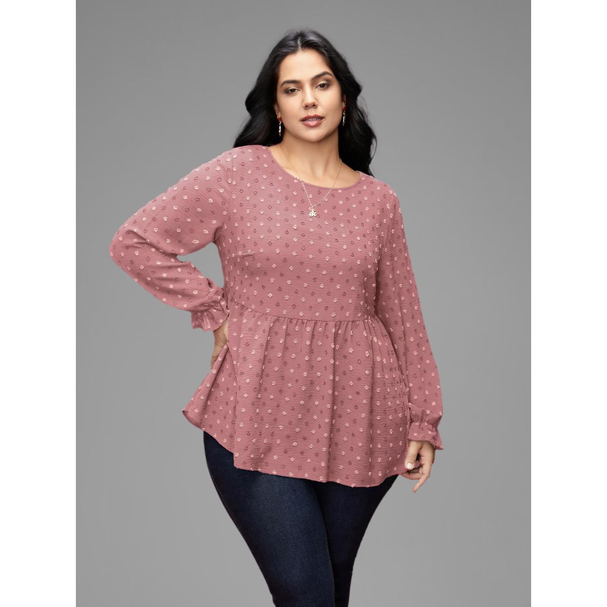Plus Size Rouge Textured Dot Elastic Cuffs A-line Blouse Women Leisure Long Sleeve Round Neck Casual Blouses BloomChic 10/M Product Image