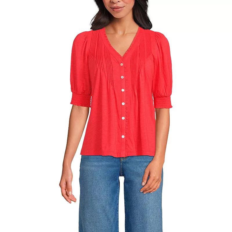 Women's Lands' End Button Pintuck Puff Sleeve Top,  Product Image