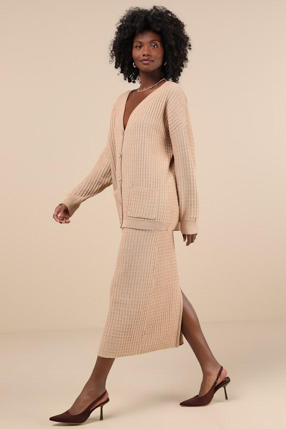 Toasty Sophistication Tan Two-Piece Cardi Sweater Midi Dress Product Image