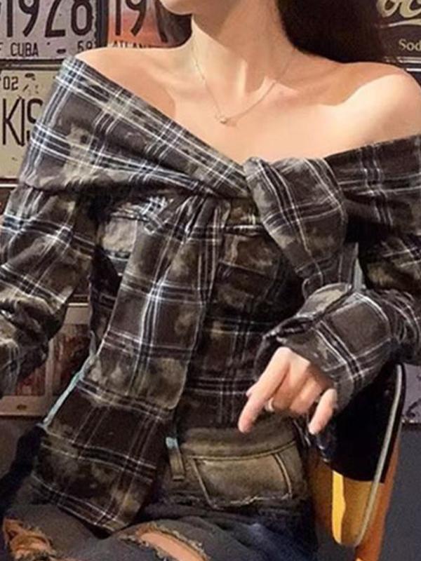 Vintage Plaid Tie Dye Off Shoulder Long Sleeve Blouse Product Image