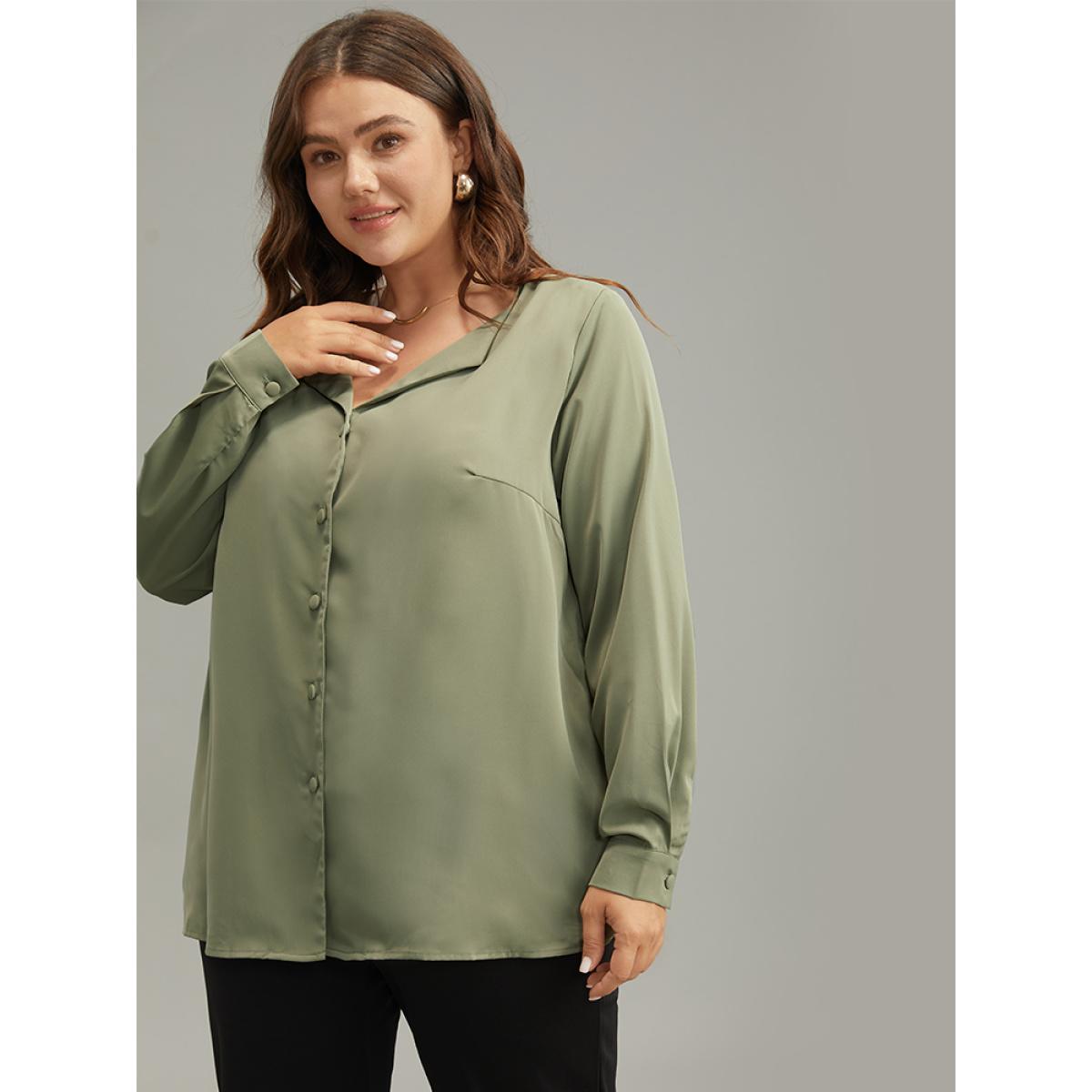 Plus Size ArmyGreen Lapel Collar Button Up Blouse Women Office Long Sleeve Lapel Collar Office Blouses BloomChic 14-16/1X Product Image
