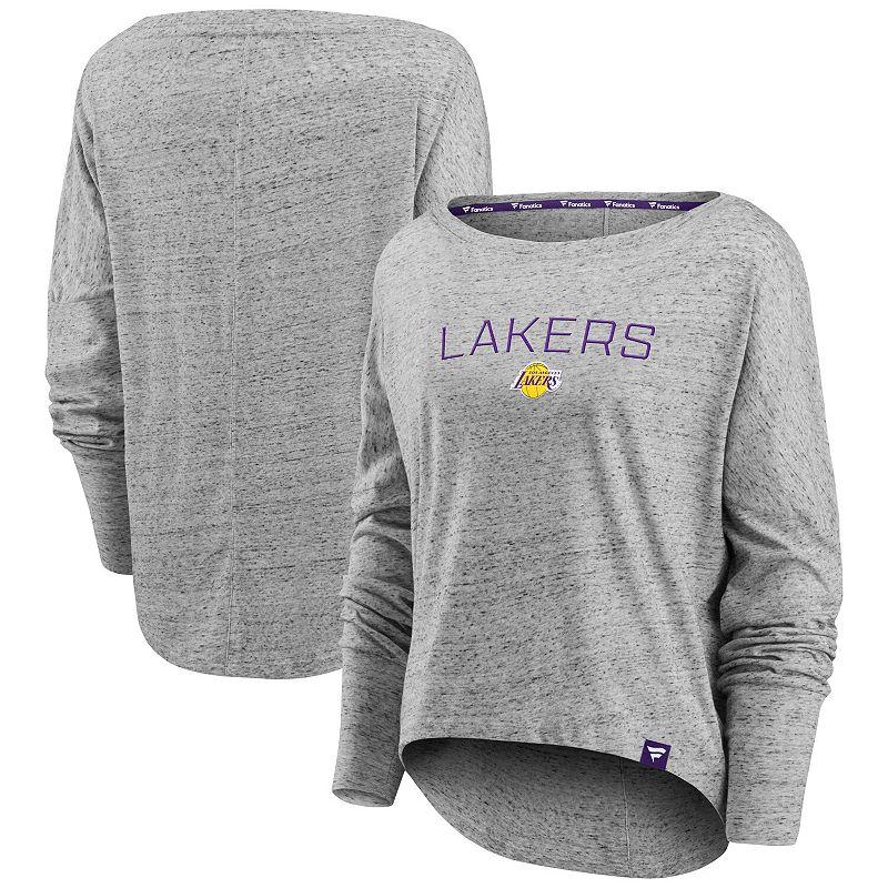Women's Fanatics Branded Heathered Gray Los Angeles Lakers Nostalgia Off-The-Shoulder Long Sleeve T-Shirt,  Product Image