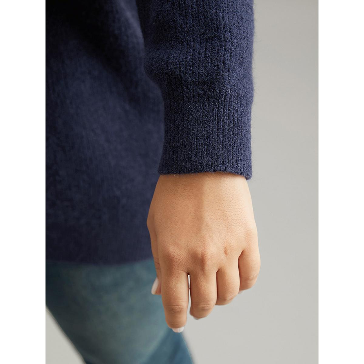 Plus Size Anti-Pilling Solid Cable Knit Button Detail Pullover Indigo Women Casual Loose Long Sleeve V-neck Dailywear Pullovers BloomChic 26/4X Product Image