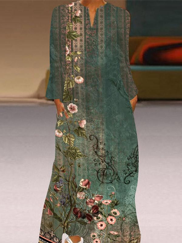 A-Line Long Sleeves Flower Print Pockets V-Neck Maxi Dresses Product Image