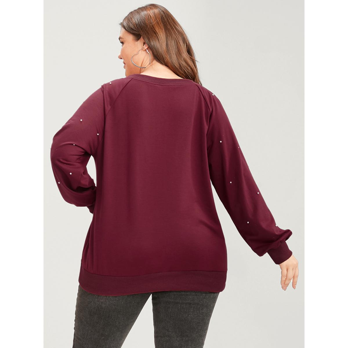 Plus Size Solid Pearls Beaded Raglan Sleeve Drop Shoulder Sweatshirt Women Scarlet Elegant Beaded Round Neck Dailywear Sweatshirts BloomChic 30/6X Product Image