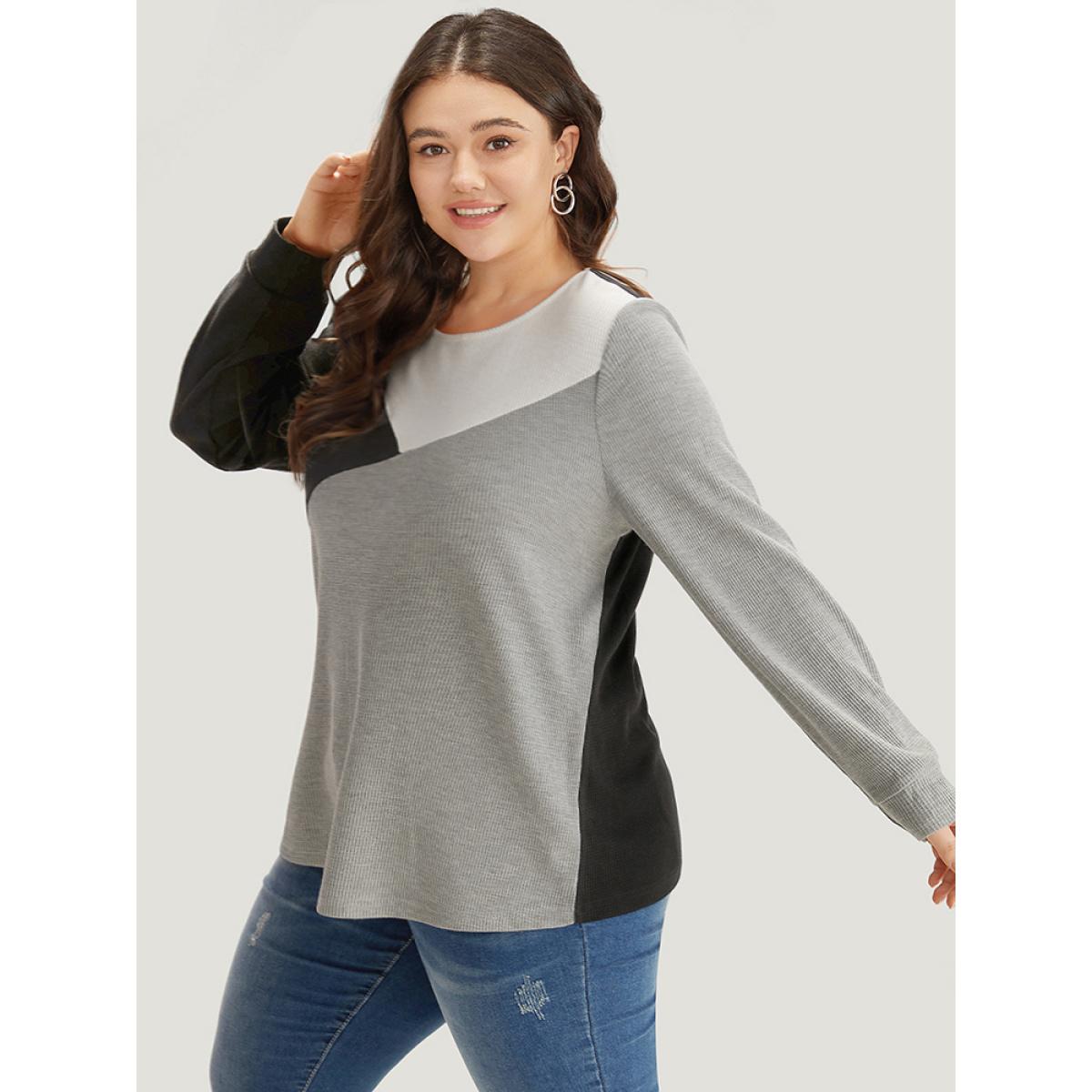 Plus Size Colorblock Contrast Crew Neck Long Sleeve T-shirt Multicolor Women Casual Elastic cuffs Plain Round Neck Dailywear T-shirts BloomChic 12/L Product Image