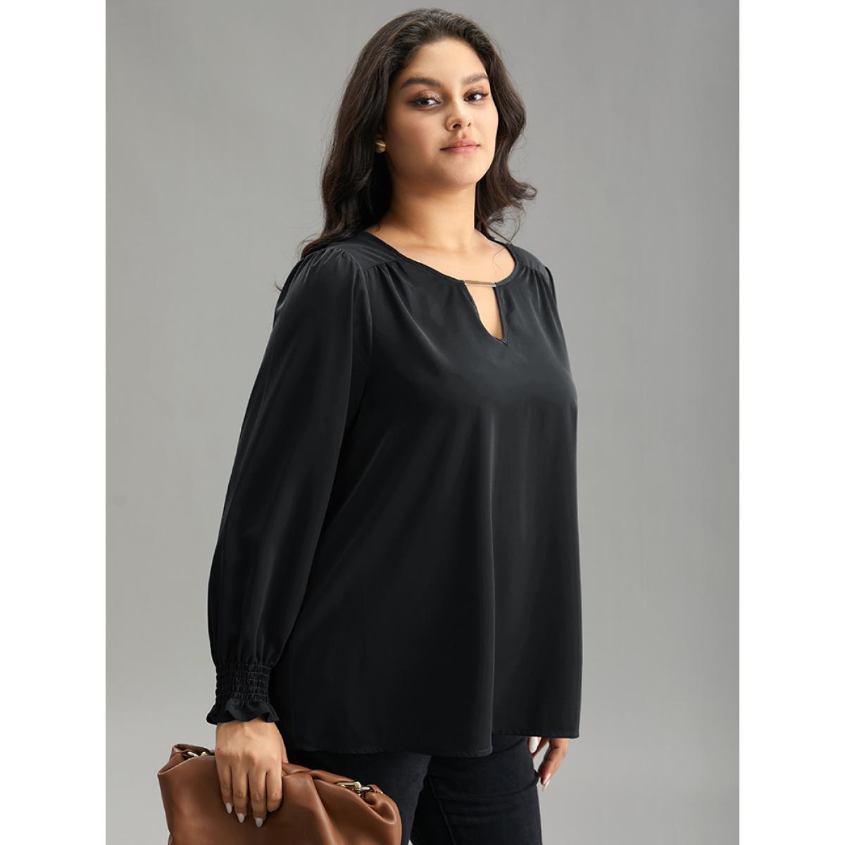 Plus Size Black Static-Free Plain Metal Detail Keyhole Shirred Blouse Women Office Long Sleeve Keyhole Cut-Out Office Blouses BloomChic 14-16/1X Product Image