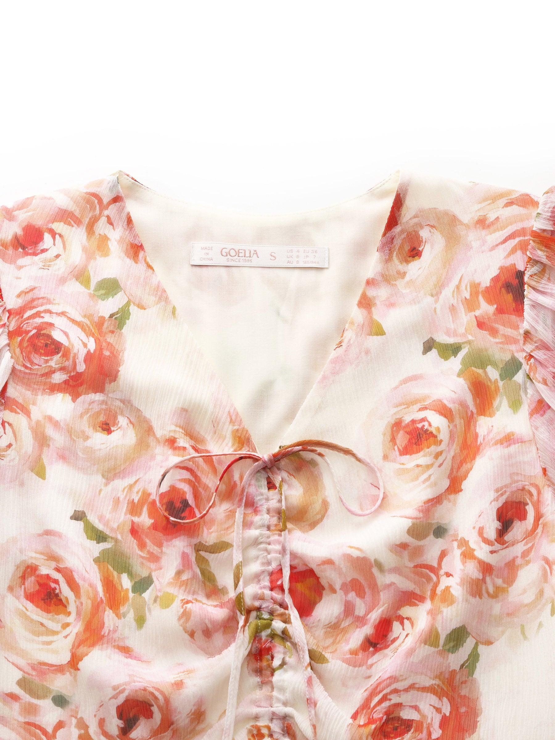 10MM Mulberry Silk Rose Print Smocked Drawstring Front Women Maxi Dres Product Image