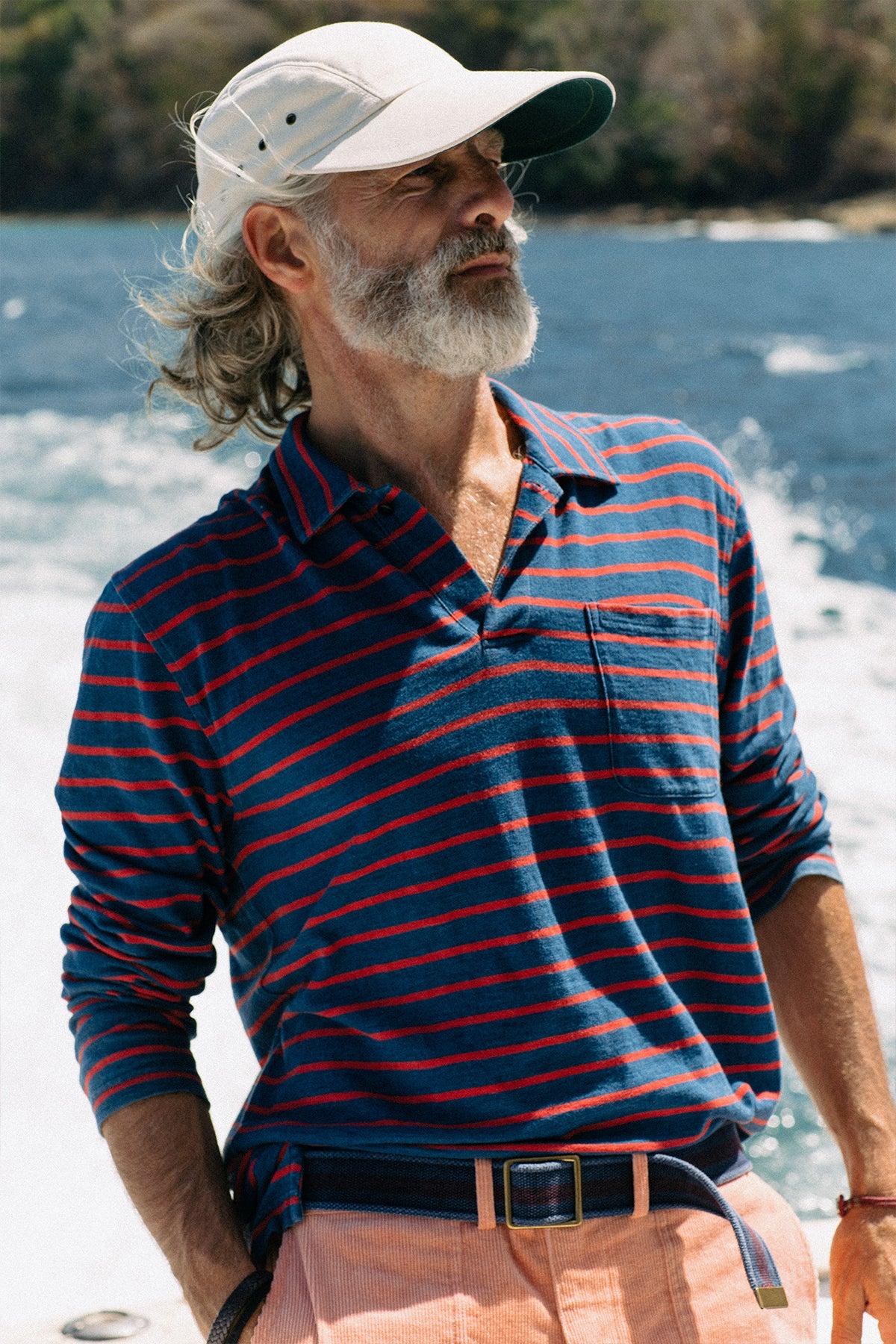Long Sleeve Indigo Polo in 3/4" Red/Navy Stripe Product Image