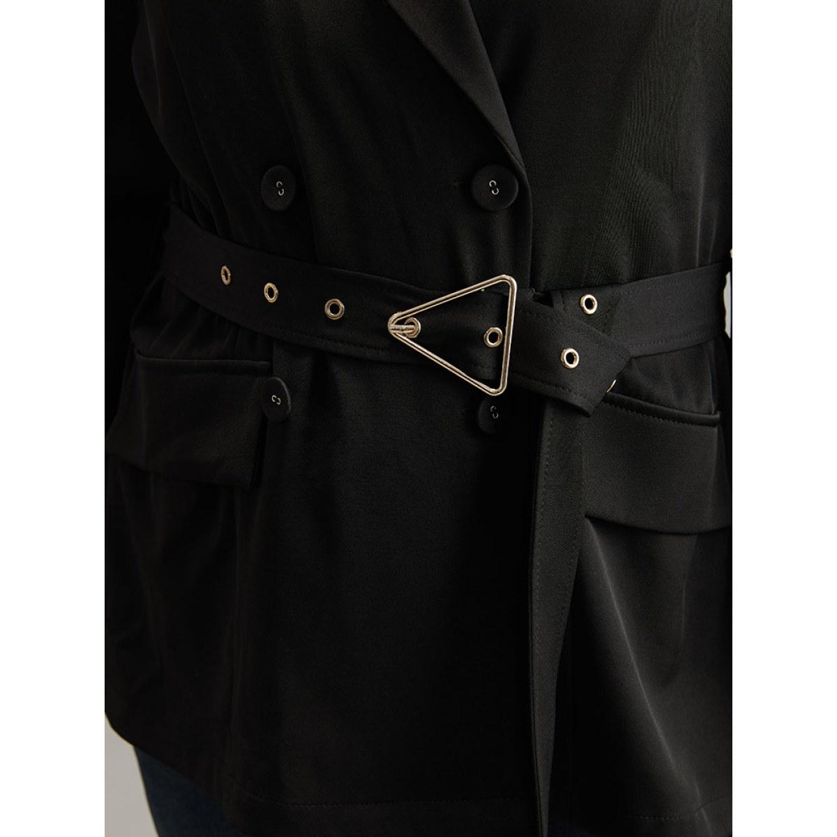 Plus Size Solid Suit Collar Buckle Detail Belted Blazer Black Women Office Plain Plain Sleeve Long Sleeve Suit Collar 18-20/2X Belt At the Office Blazers BloomChic Product Image