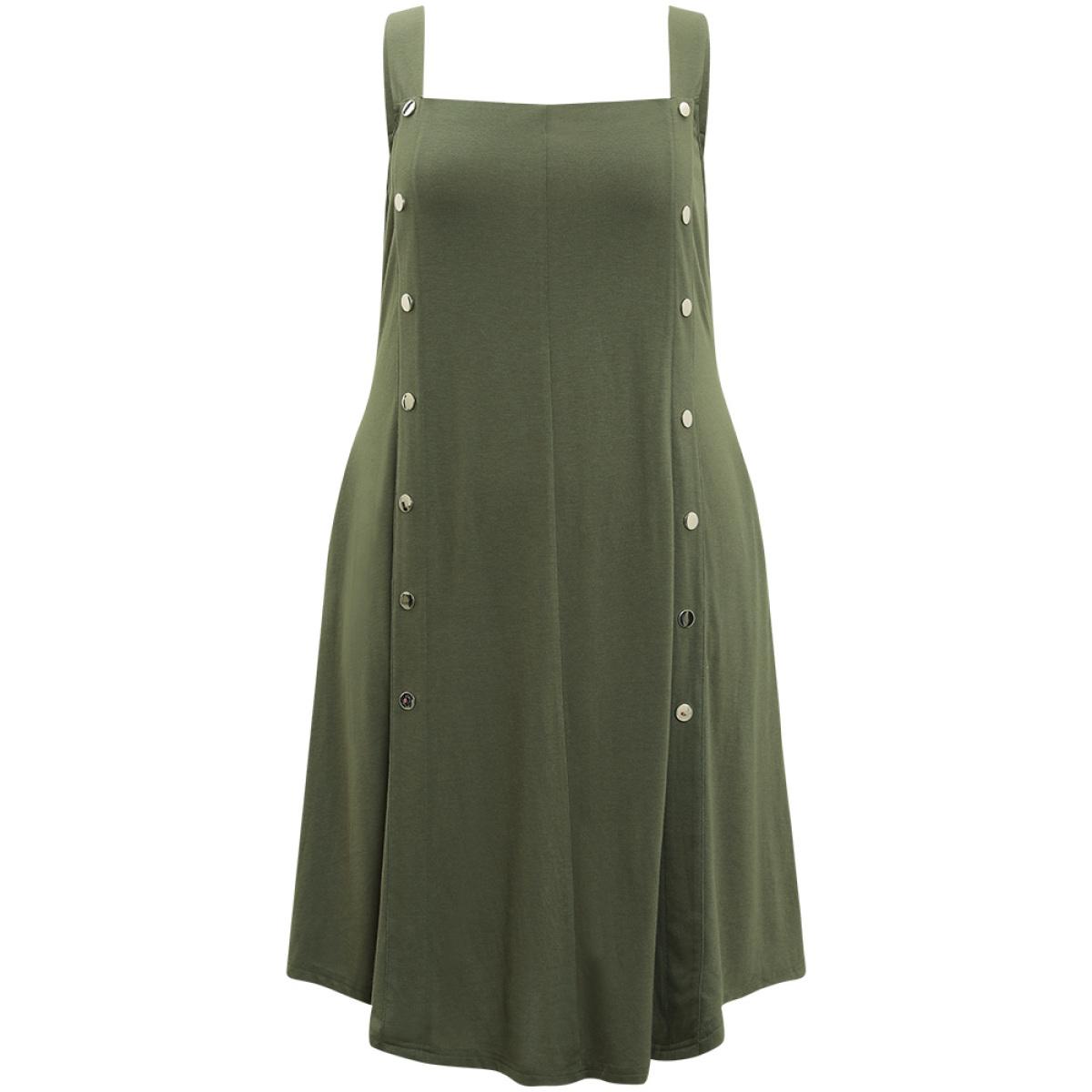 Plus Size Plain Button Detail Pocket Curved Hem Cami Dress ArmyGreen Women Casual Plain Spaghetti Strap Sleeveless Curvy Midi Dress BloomChic 26/4X Product Image