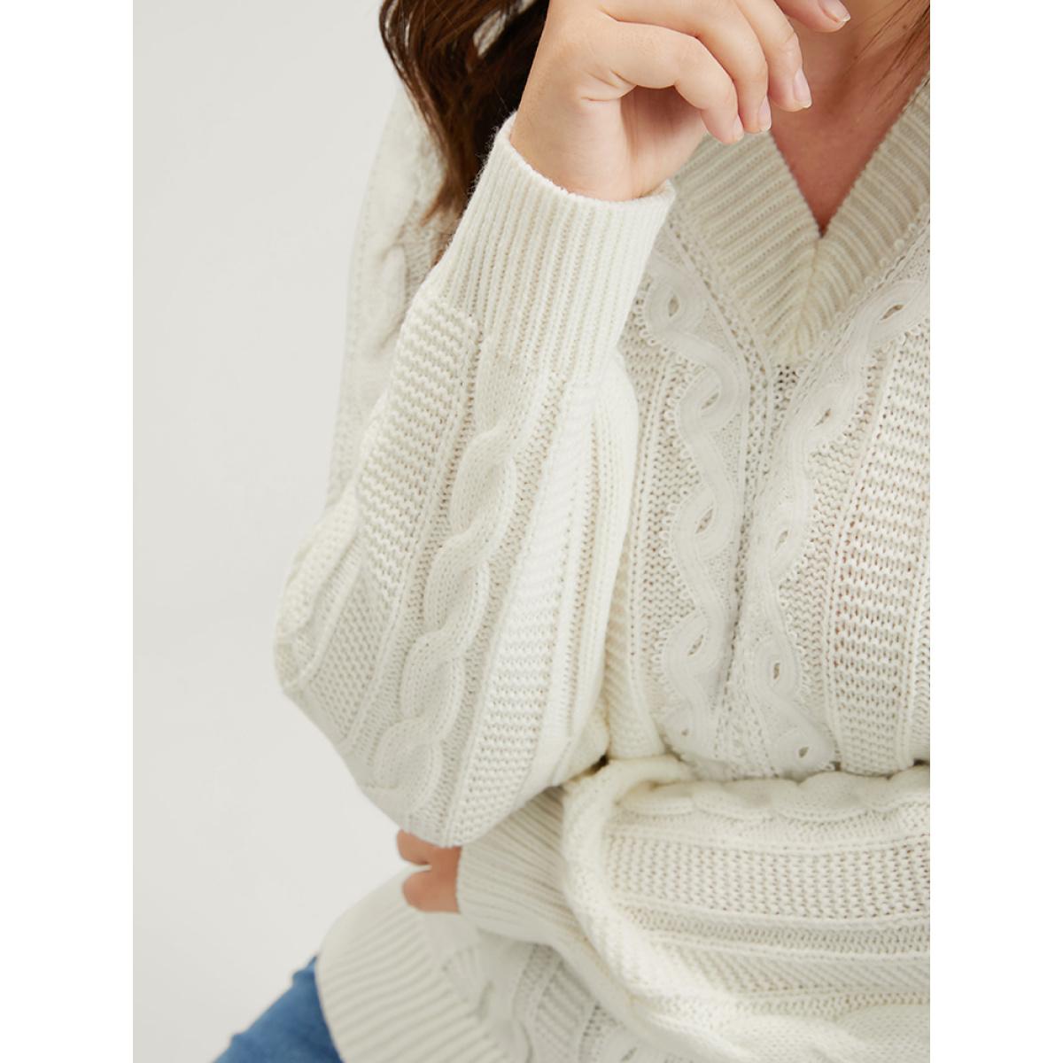 Plus Size Plain Pointelle Knit V Neck Cable Knit Lace Patchwork Knit Top White Women Elegant Loose Long Sleeve V-neck Dailywear Pullovers BloomChic 18-20/2X Product Image