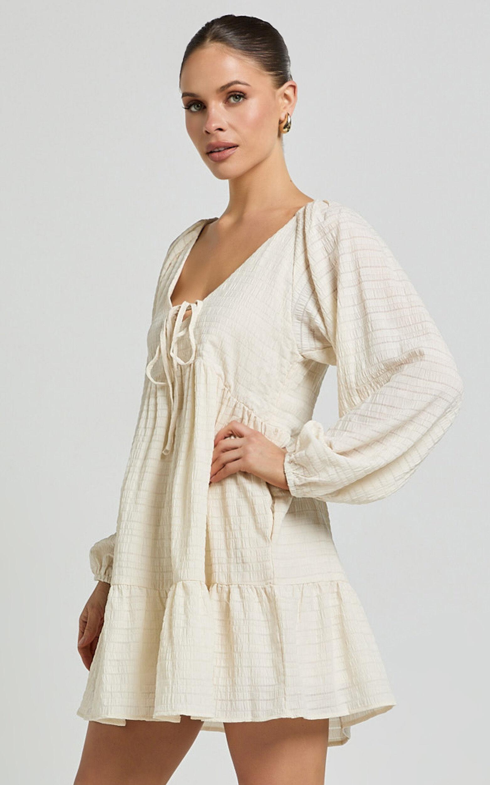 Chaney Mini Dress - Long Sleeve Tie Front Smock Dress in Ivory Product Image