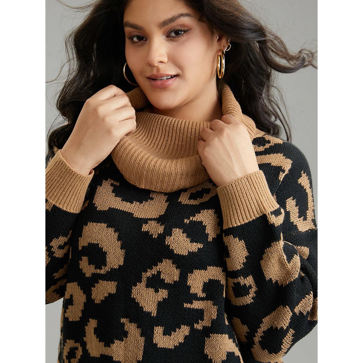 Plus Size Leopard Contrast Jacquard Turtleneck Pullover Bronze Women Casual Loose Long Sleeve Turtleneck Dailywear Pullovers BloomChic 28/5X Product Image