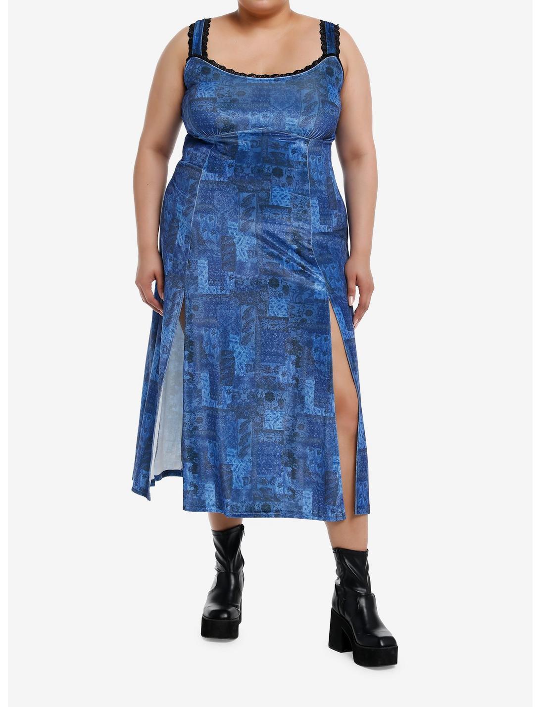 Cosmic Aura Blue Paisley Patchwork Midi Dress Plus Size Product Image