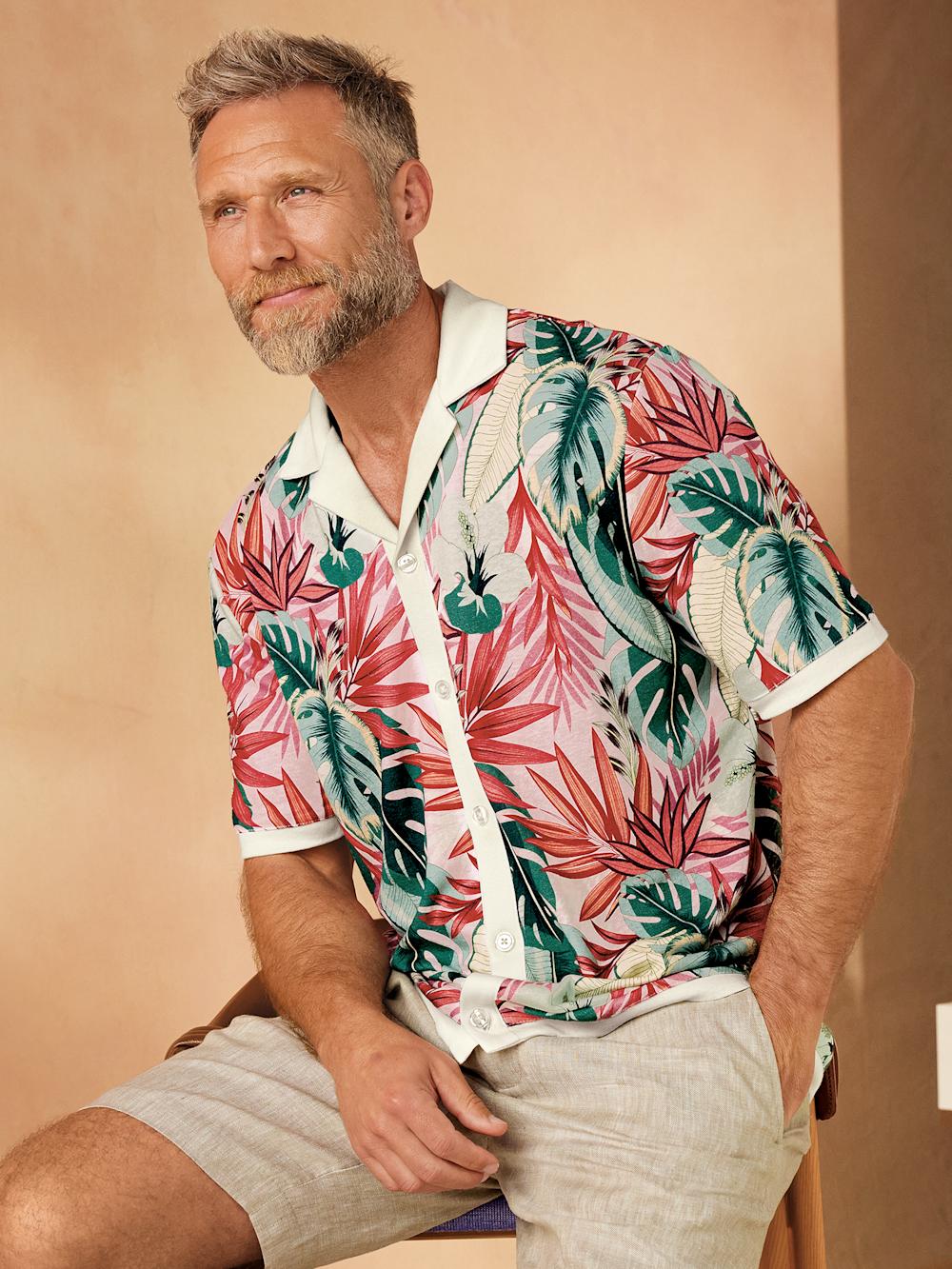 Linen Blend Full Button Front Camp Collar - Pink Multi Product Image