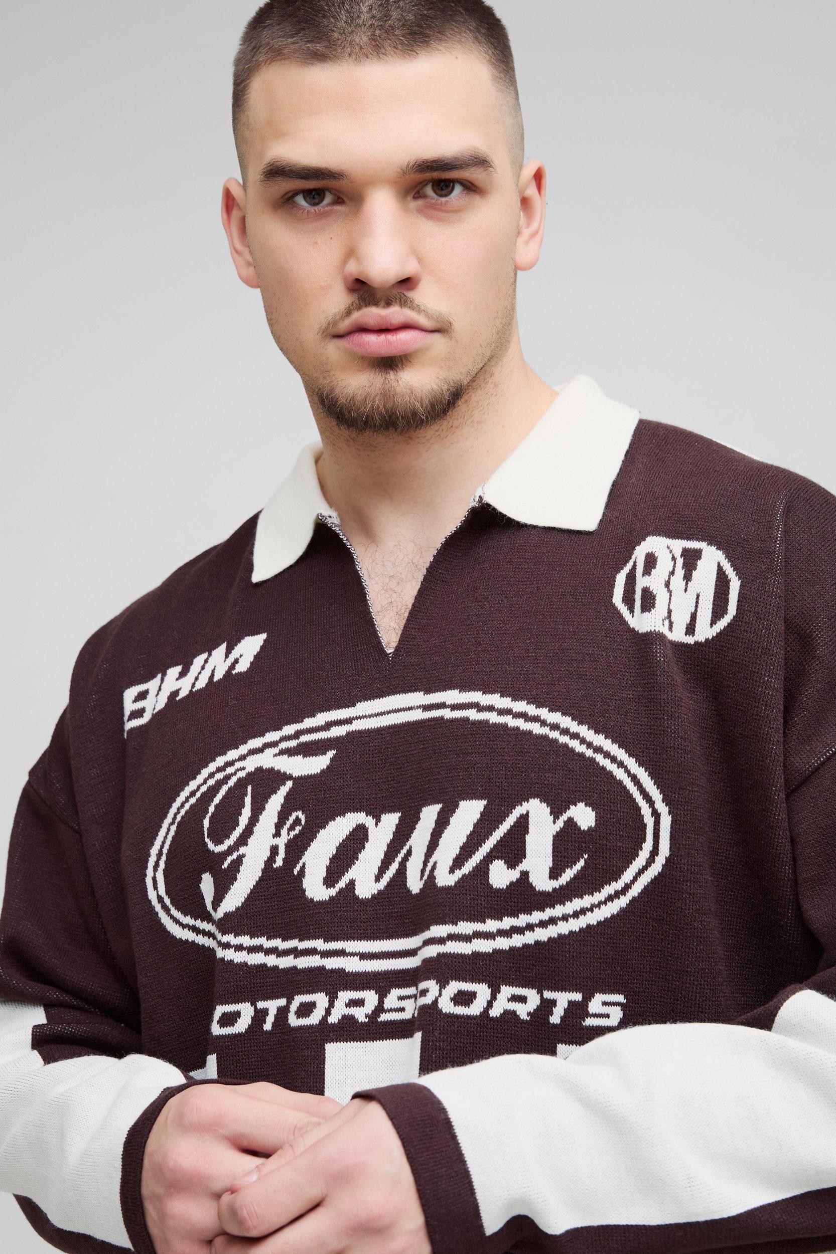 Tall Oversized Boxy Football Knitted Long Sleeve Polo | boohooMAN USA Product Image