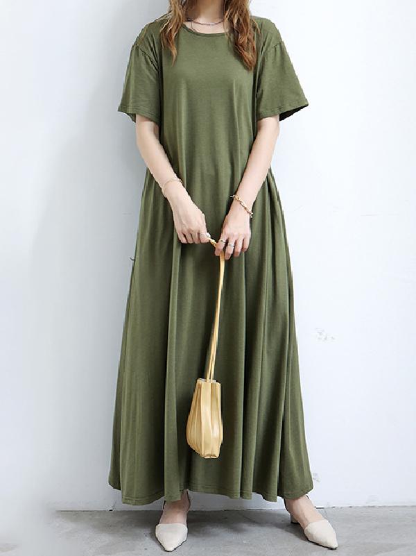 Simple Loose Short Sleeves Solid Color Round-Neck Maxi Dresses Product Image